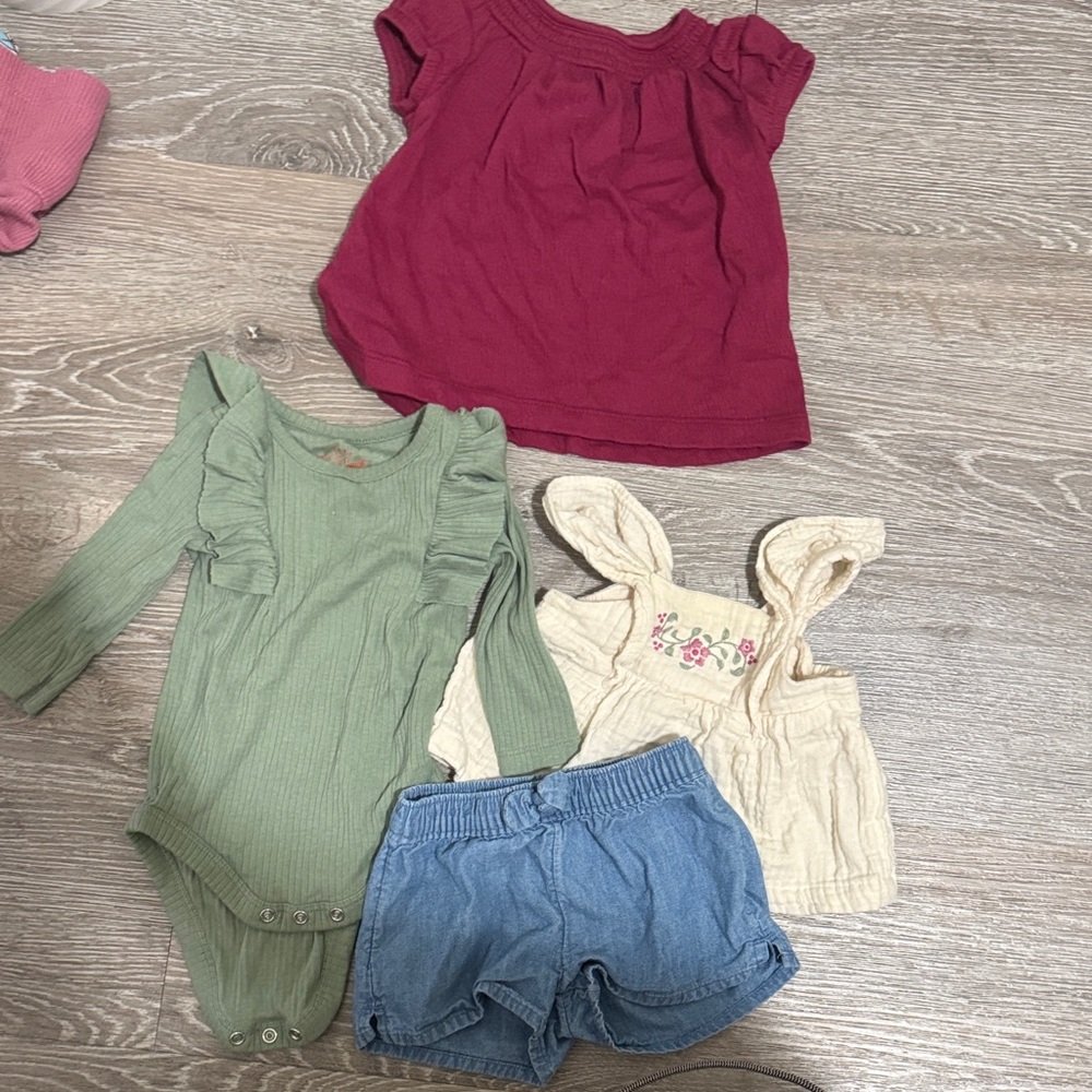 Set of Baby Clothes in Pink, Green, Cream, and Blue Short